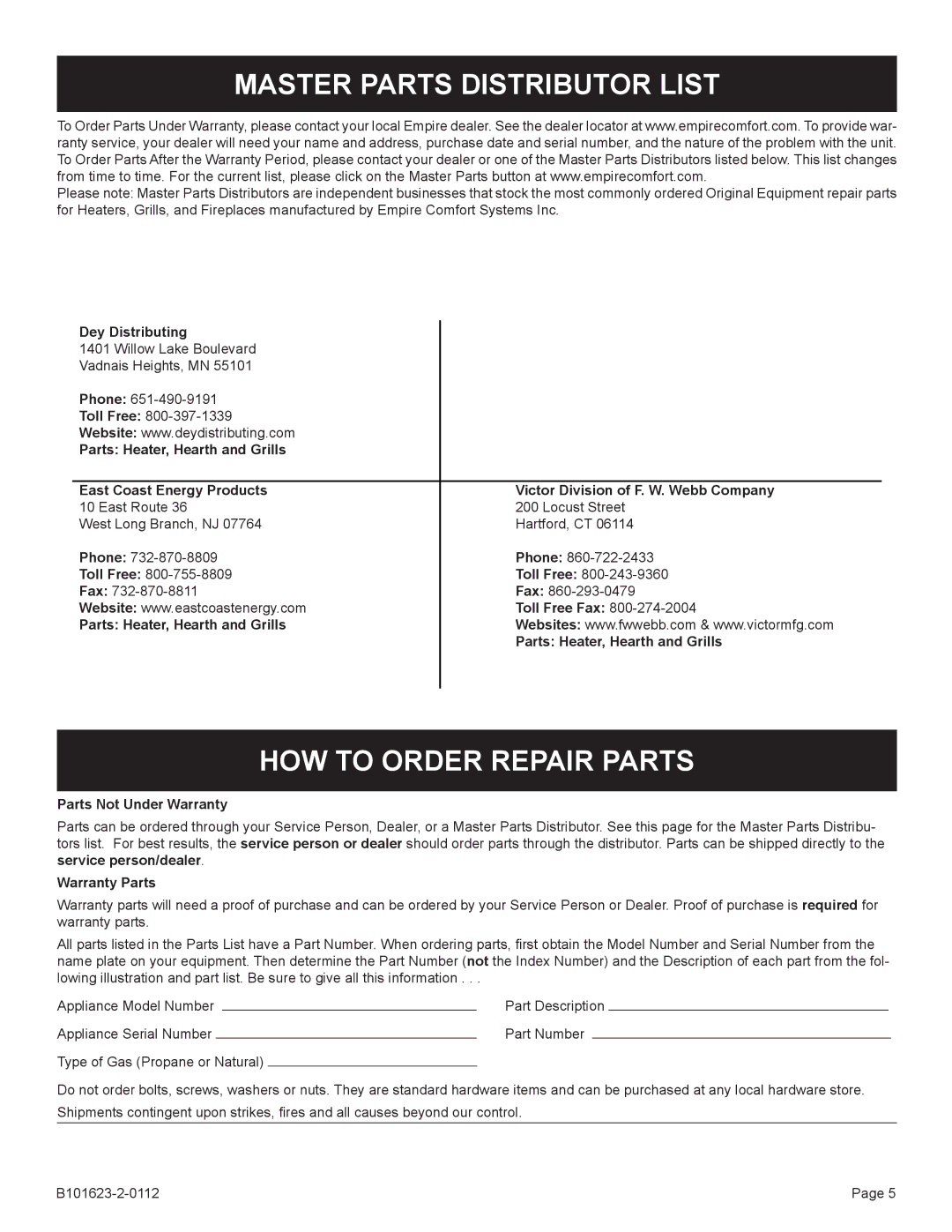 Broilmaster H4X-1 manual Master Parts Distributor List, HOW to Order Repair Parts, Parts Not Under Warranty, Warranty Parts 