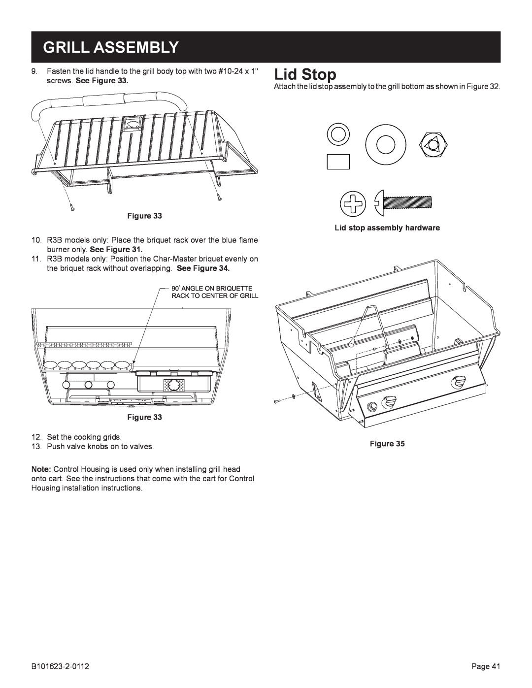 Broilmaster P3SX-1, H3X-1 Grill Assembly, Lid Stop, Lid stop assembly hardware, Angle On Briquette Rack To Center Of Grill 