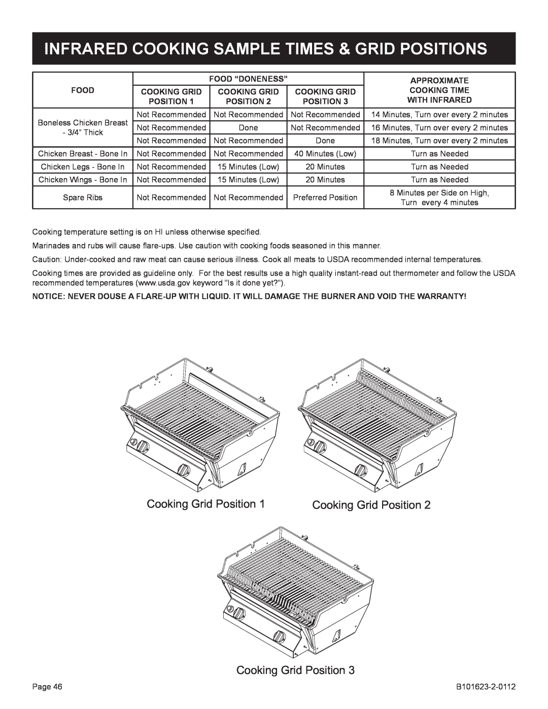 Broilmaster H3X-1, H4XN-1, H3XPK-1, H4PK-1, H3XN-1 manual Infrared Cooking Sample Times & Grid Positions, Cooking Grid Position 