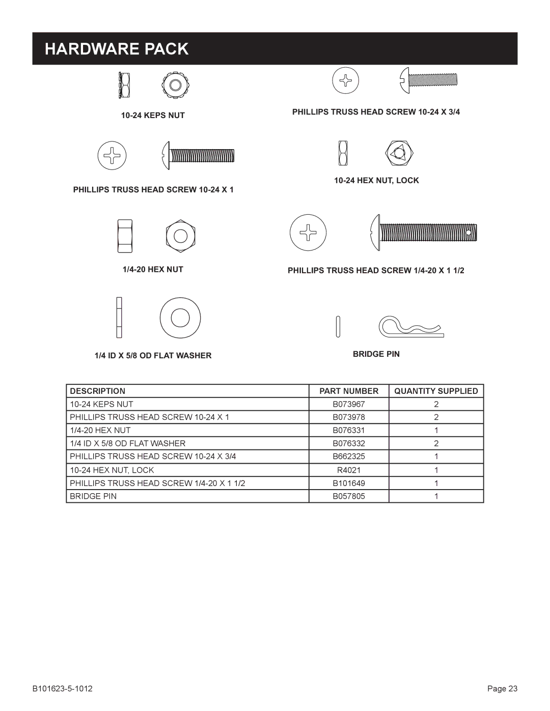 Broilmaster P3XN-1 Hardware Pack, Phillips Truss Head Screw 10-24 X 3/4, HEX NUT, Lock Phillips Truss Head Screw 10-24 X 