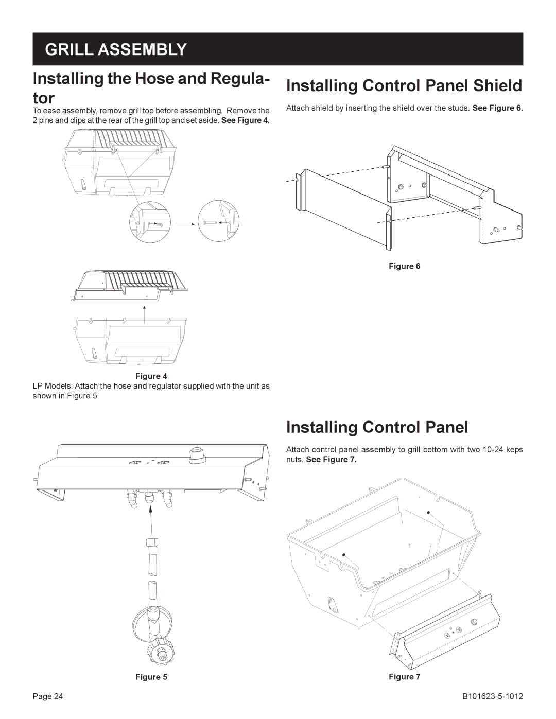 Broilmaster P3SXN-1, H4XN-1, H4PK-1 SERIES, H3XPK-1 Installing the Hose and Regula- tor, Installing Control Panel Shield 