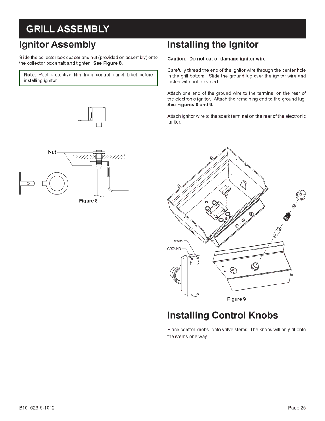 Broilmaster P3XF-1, H4XN-1, H4PK-1 SERIES Ignitor Assembly, Installing the Ignitor, Installing Control Knobs, See Figures 8 