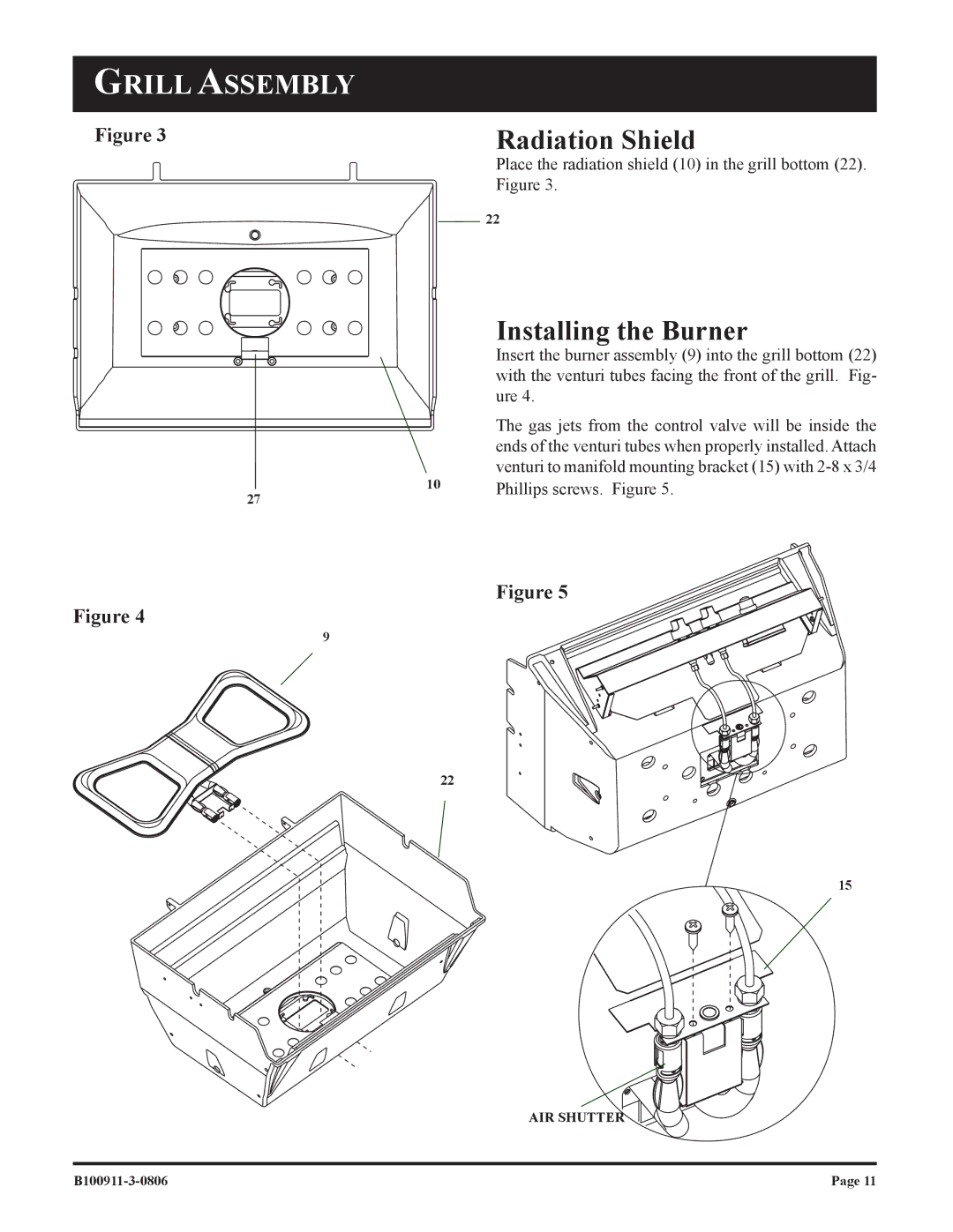 Broilmaster P4-1, P3-1 owner manual Radiation Shield, Installing the Burner 