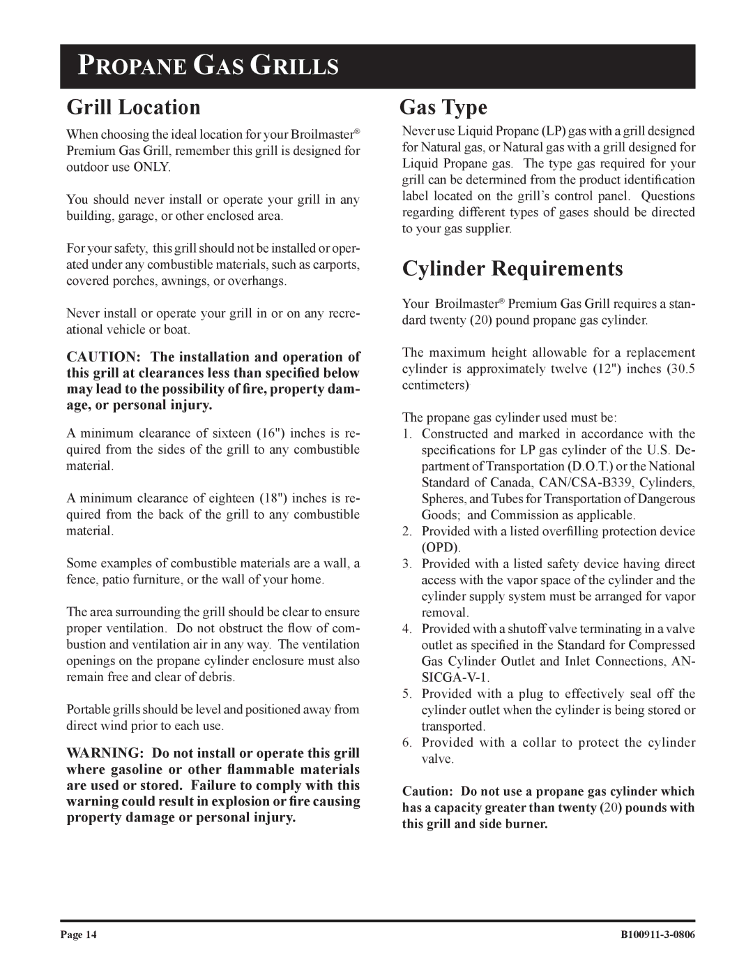 Broilmaster P3-1, P4-1 owner manual Propane GAS Grills, Grill Location, Cylinder Requirements 