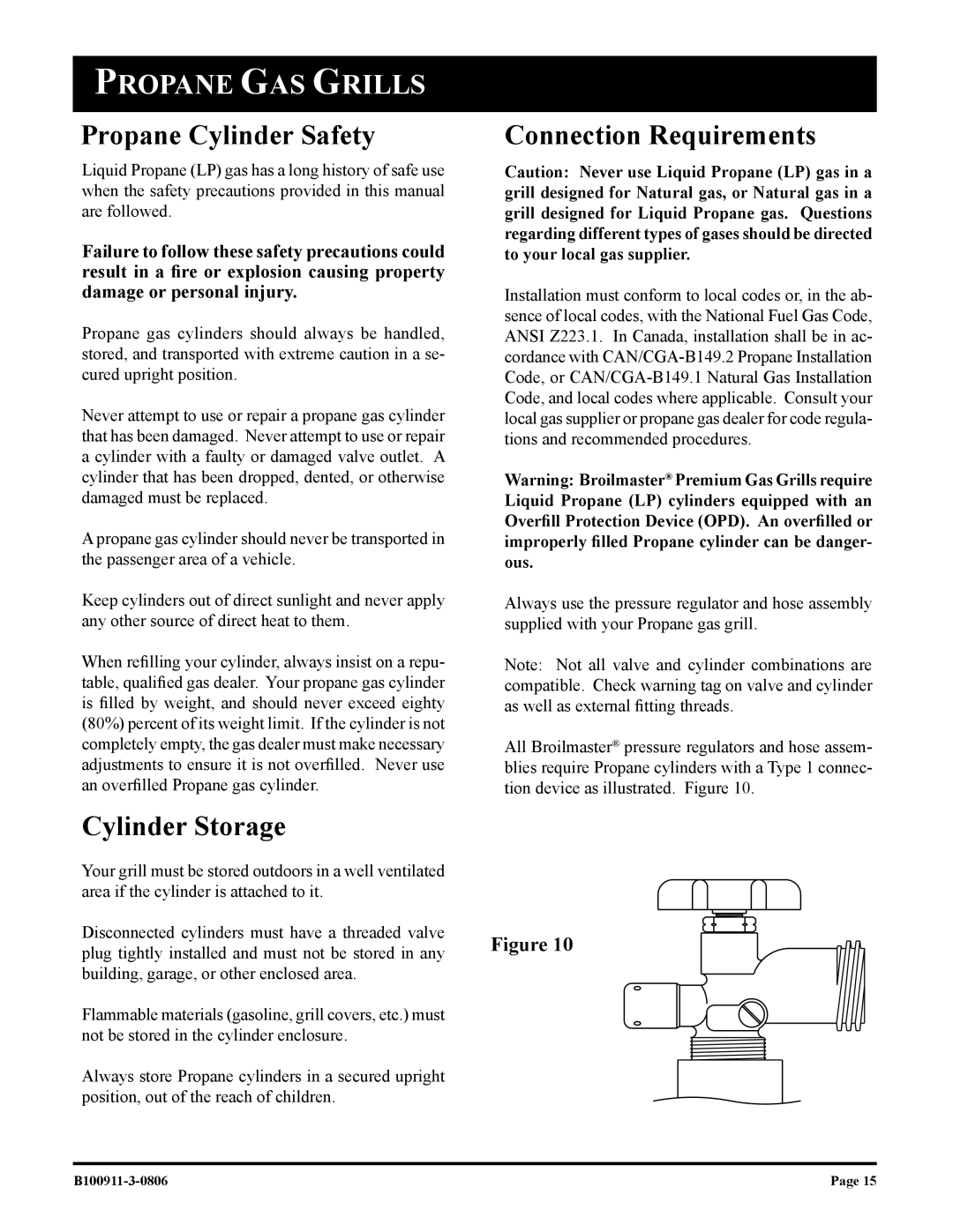Broilmaster P4-1, P3-1 owner manual Propane Cylinder Safety Connection Requirements, Cylinder Storage 