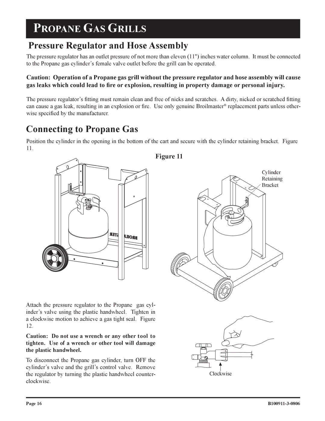 Broilmaster P3-1, P4-1 owner manual Pressure Regulator and Hose Assembly, Connecting to Propane Gas 