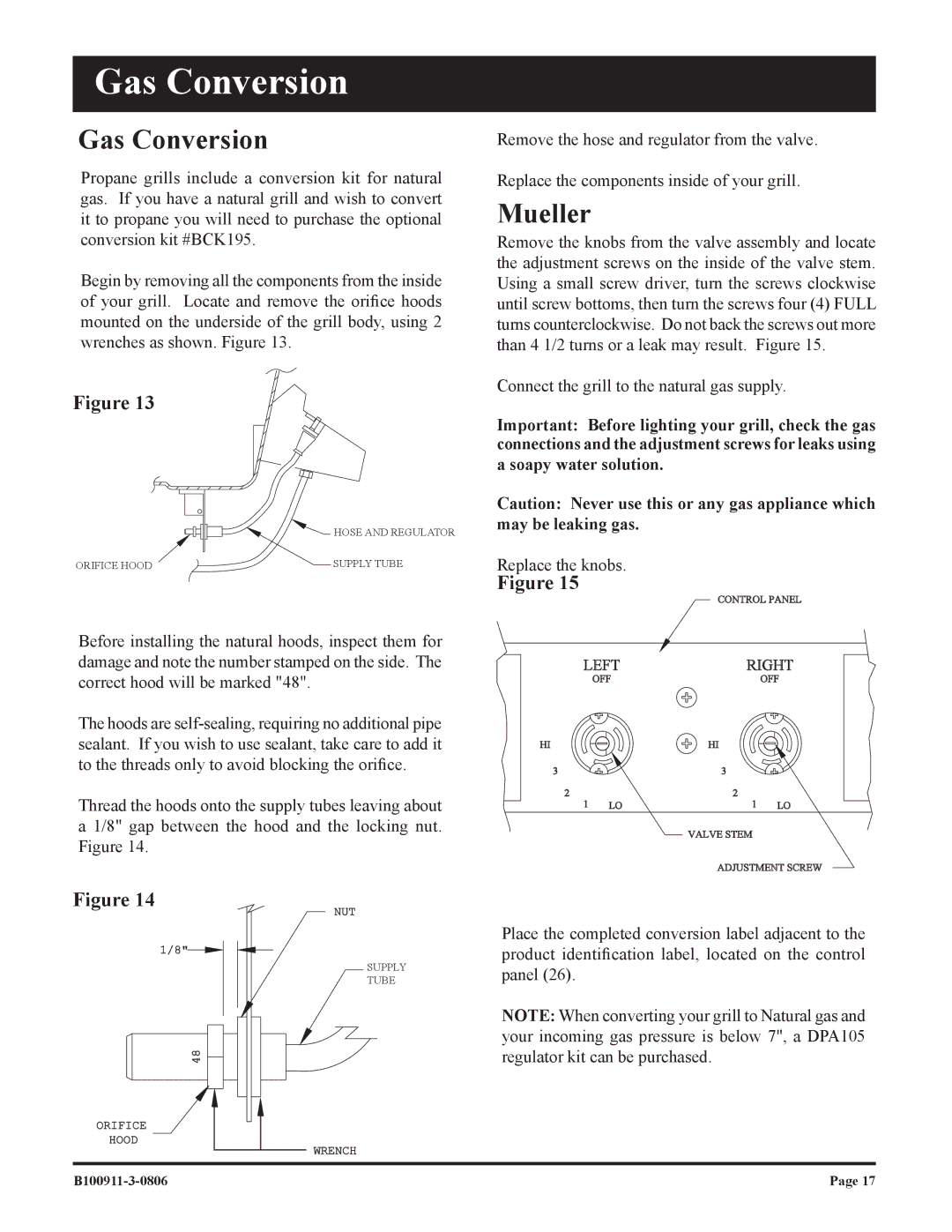 Broilmaster P4-1, P3-1 owner manual Gas Conversion, Mueller 