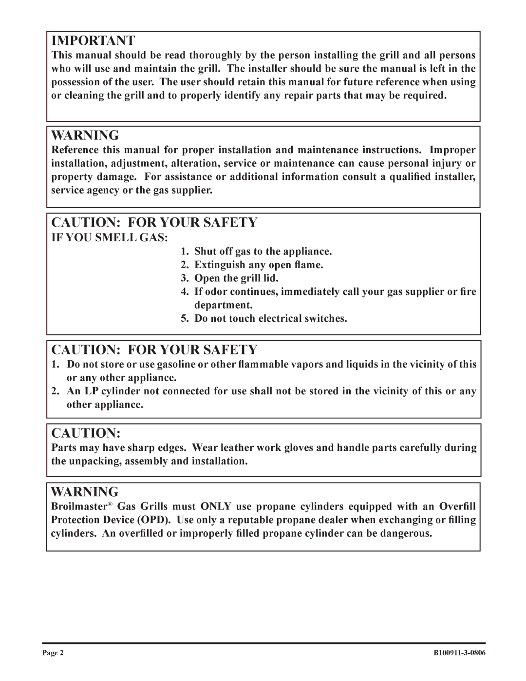 Broilmaster P3-1, P4-1 owner manual If YOU Smell GAS 