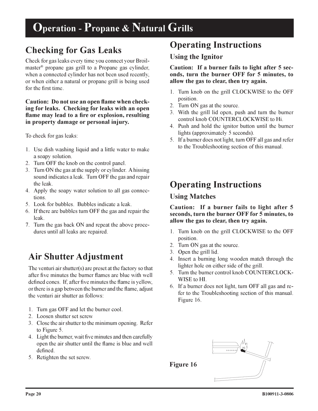 Broilmaster P3-1, P4-1 owner manual Checking for Gas Leaks, Air Shutter Adjustment, Operating Instructions 