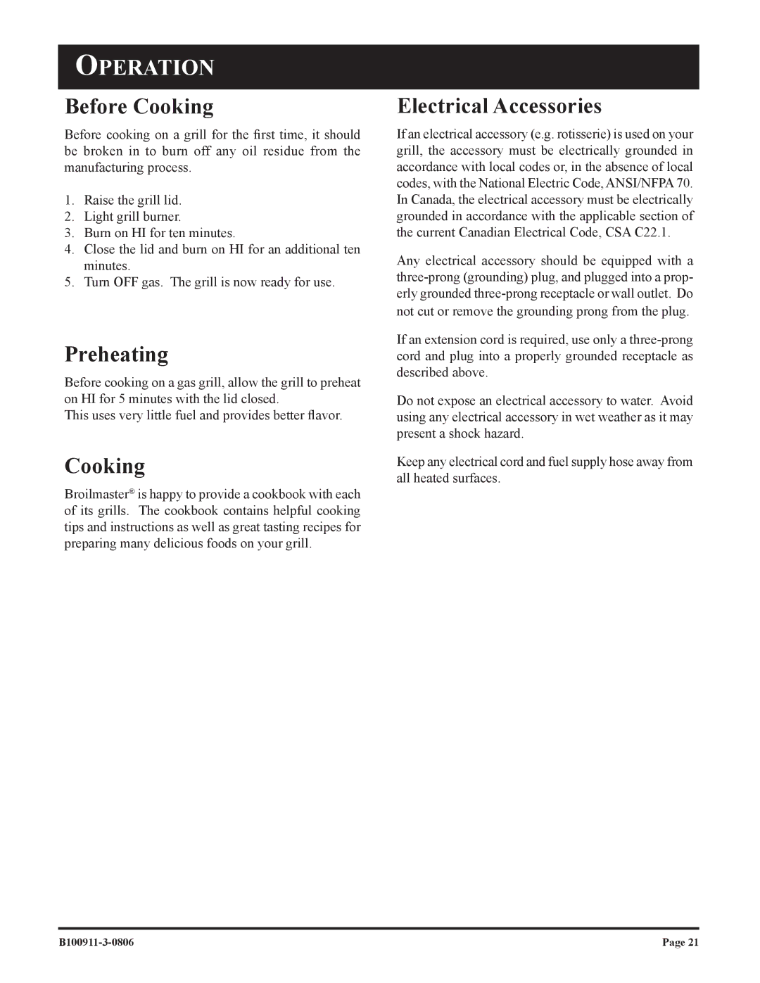 Broilmaster P4-1, P3-1 owner manual Operation, Before Cooking, Preheating 