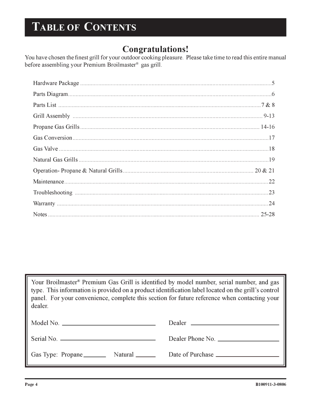 Broilmaster P3-1, P4-1 owner manual Table of Contents 