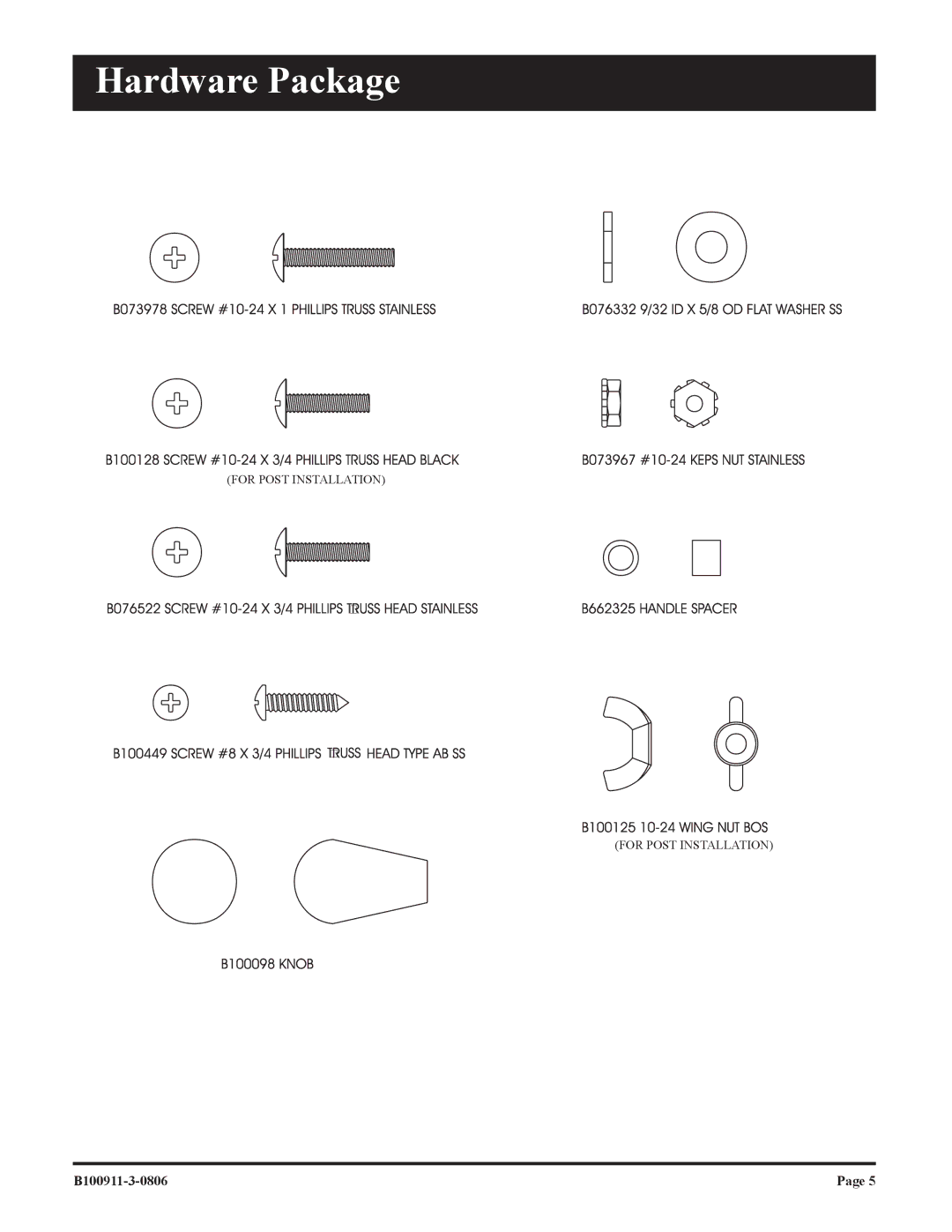 Broilmaster P4-1, P3-1 owner manual Hardware Package 