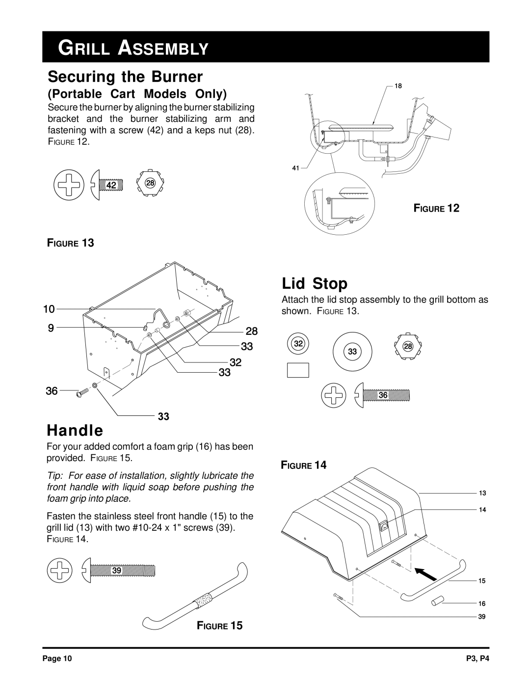 Broilmaster P3, P4 owner manual Securing the Burner, Handle, Lid Stop 