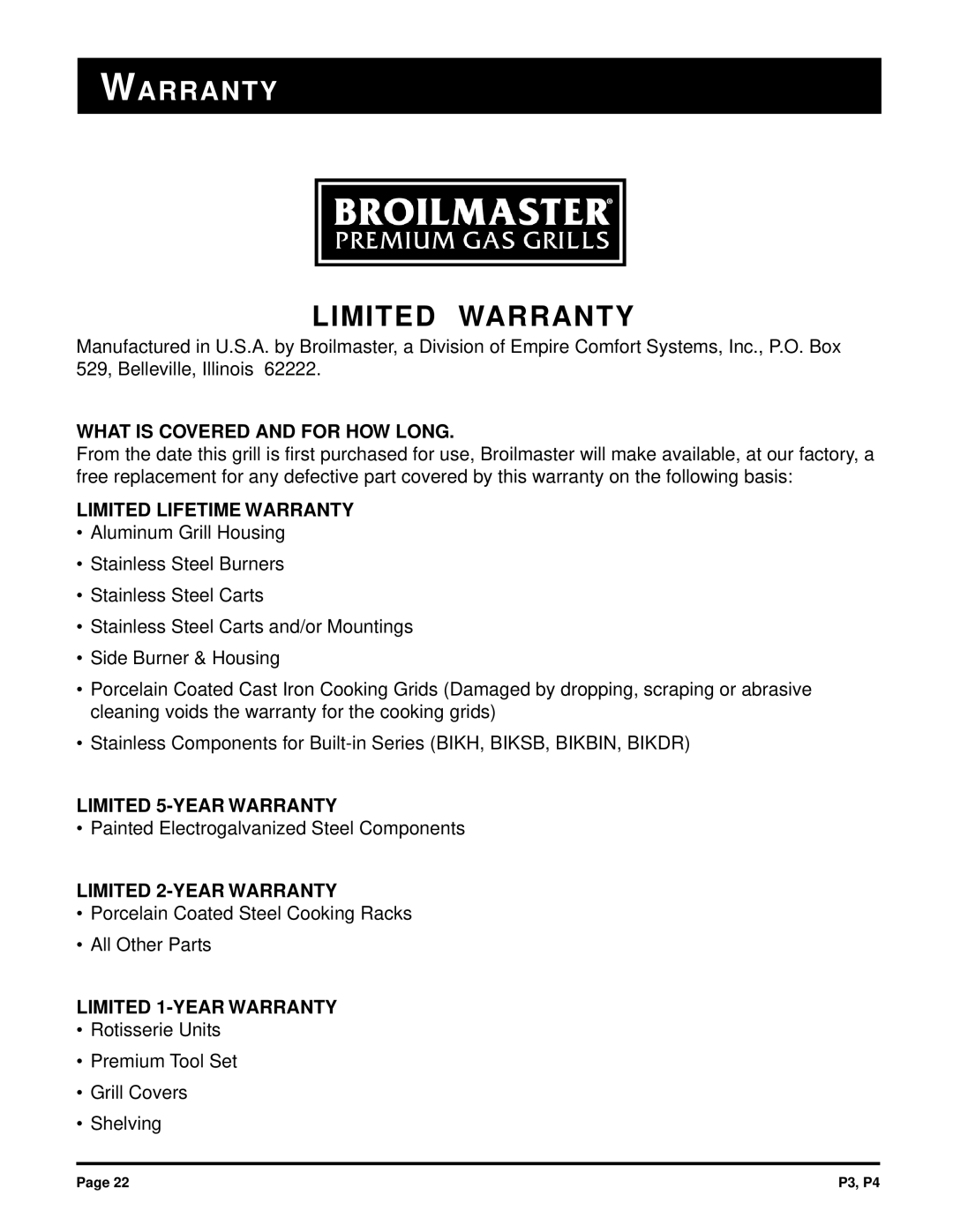 Broilmaster P3, P4 owner manual Limited Warranty 