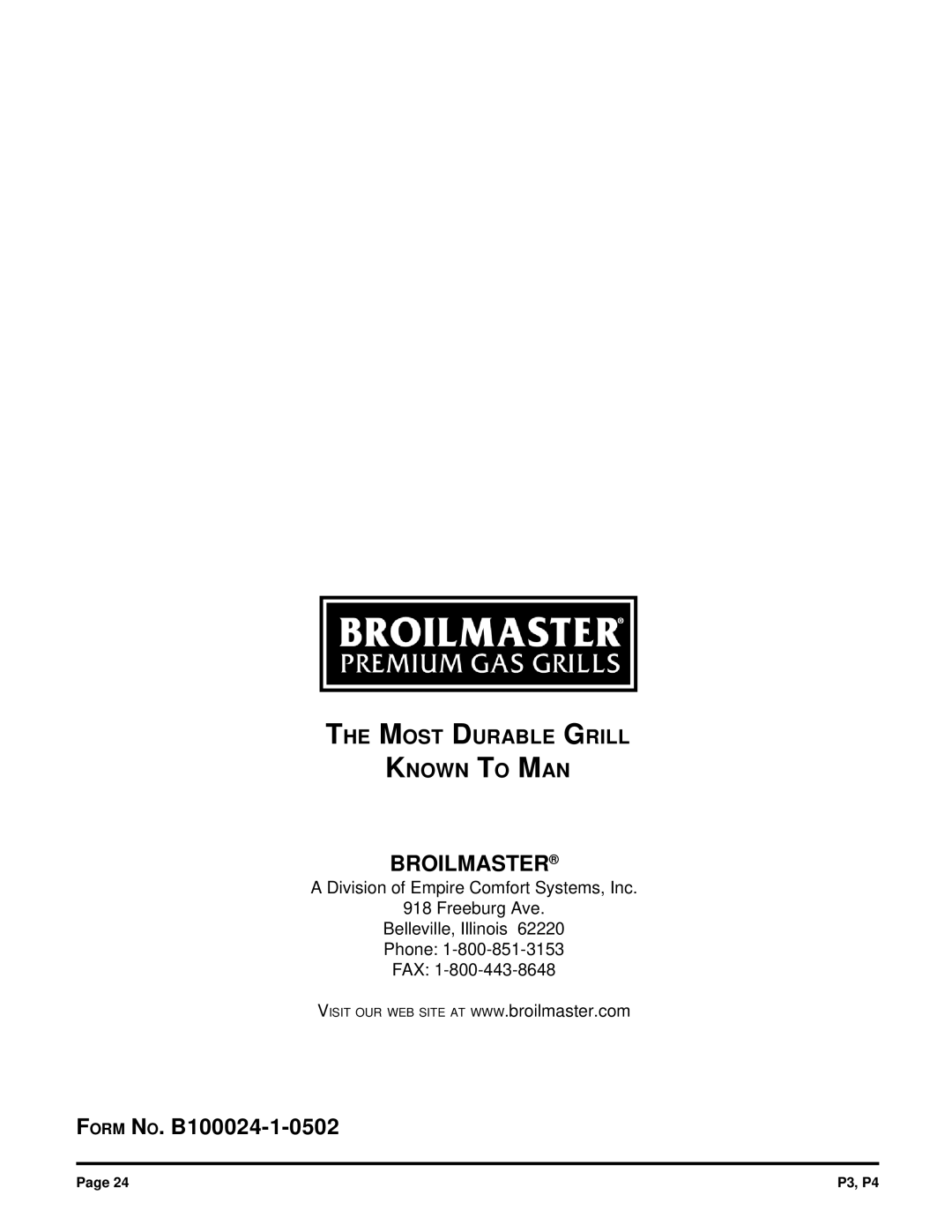 Broilmaster P3, P4 owner manual Broilmaster, Form NO. B100024-1-0502 