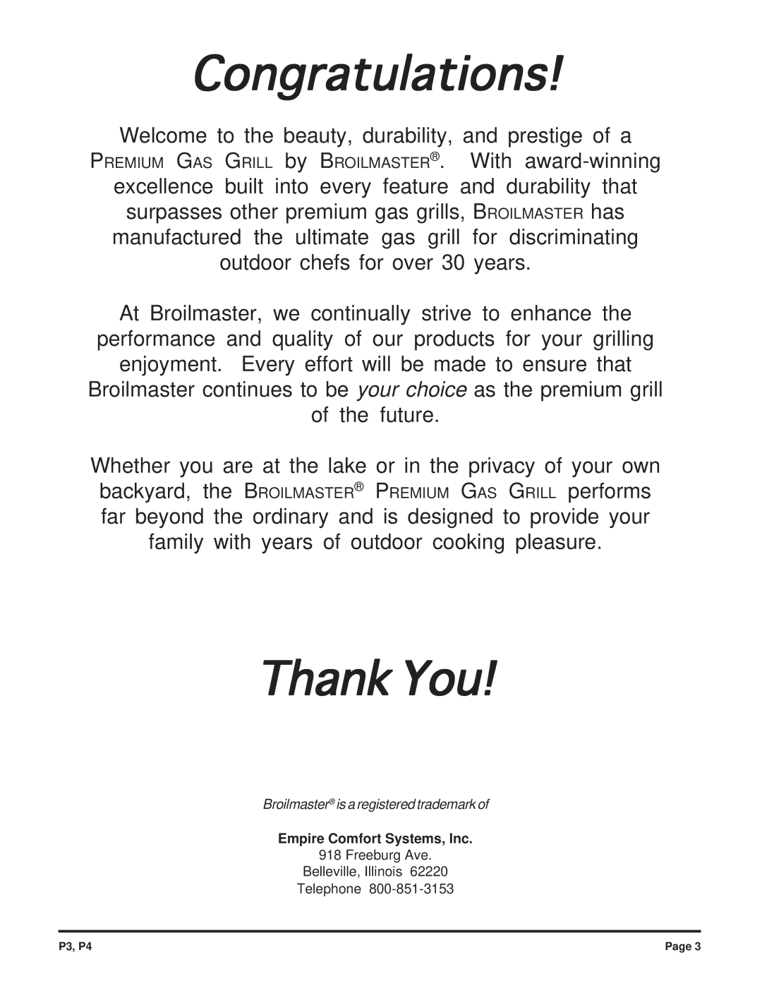 Broilmaster P4, P3 owner manual Congratulations 