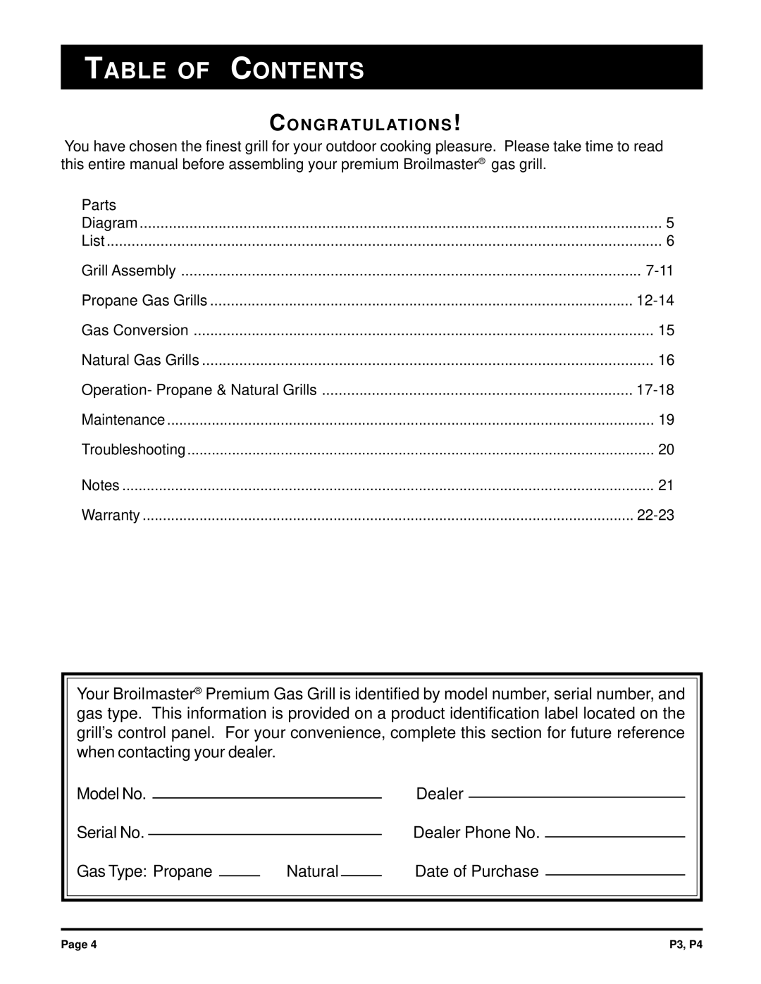 Broilmaster P3, P4 owner manual Table of Contents 