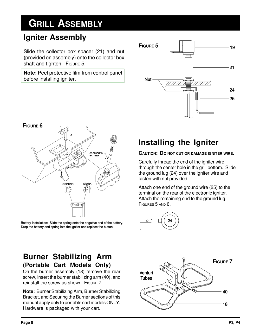 Broilmaster P3, P4 owner manual Igniter Assembly, Installing the Igniter, Burner Stabilizing Arm, Portable Cart Models Only 