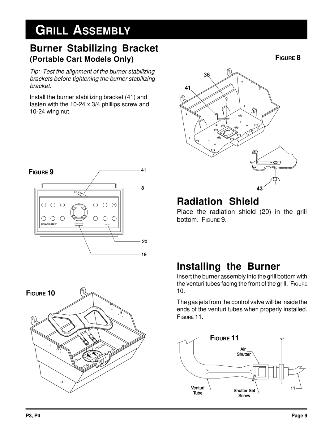 Broilmaster P4, P3 owner manual Burner Stabilizing Bracket, Radiation Shield, Installing the Burner 