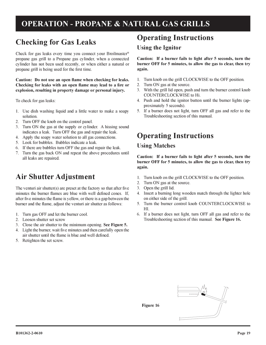 Broilmaster P3BL-2, P3FBL-2, P3BLW-2 Operation propane & natural gas grills, Checking for Gas Leaks, Operating Instructions 