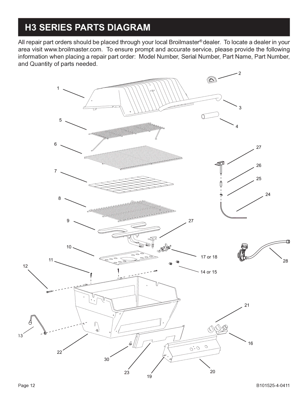 Broilmaster P3SXN-1 manual H3 Series Parts Diagram 