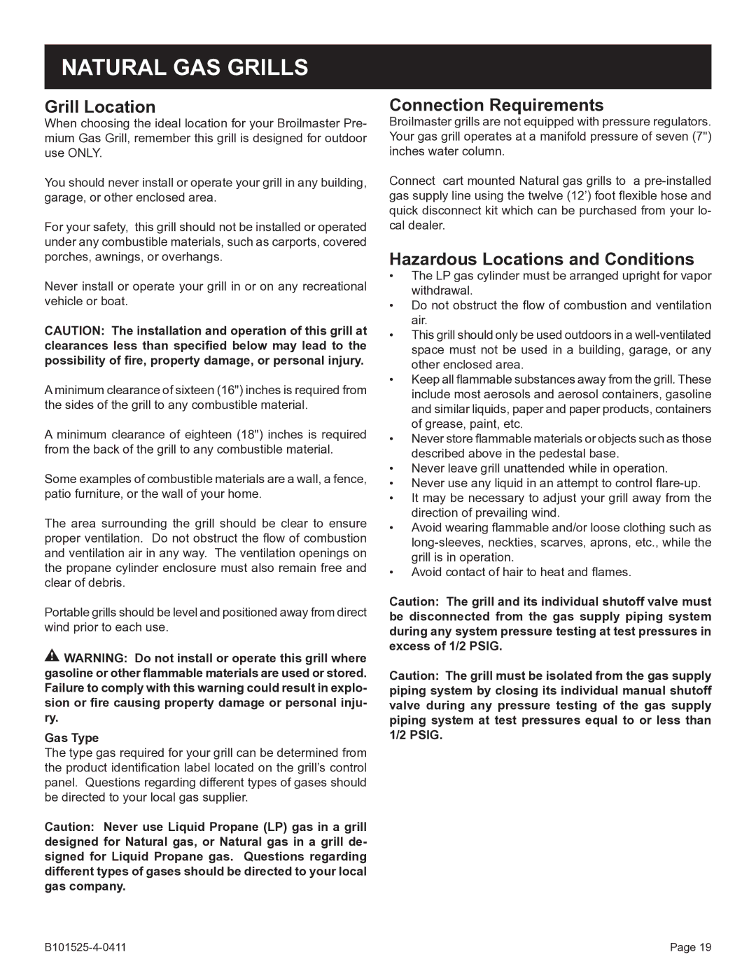 Broilmaster P3SXN-1 manual Natural GAS Grills, Grill Location, Connection Requirements, Hazardous Locations and Conditions 