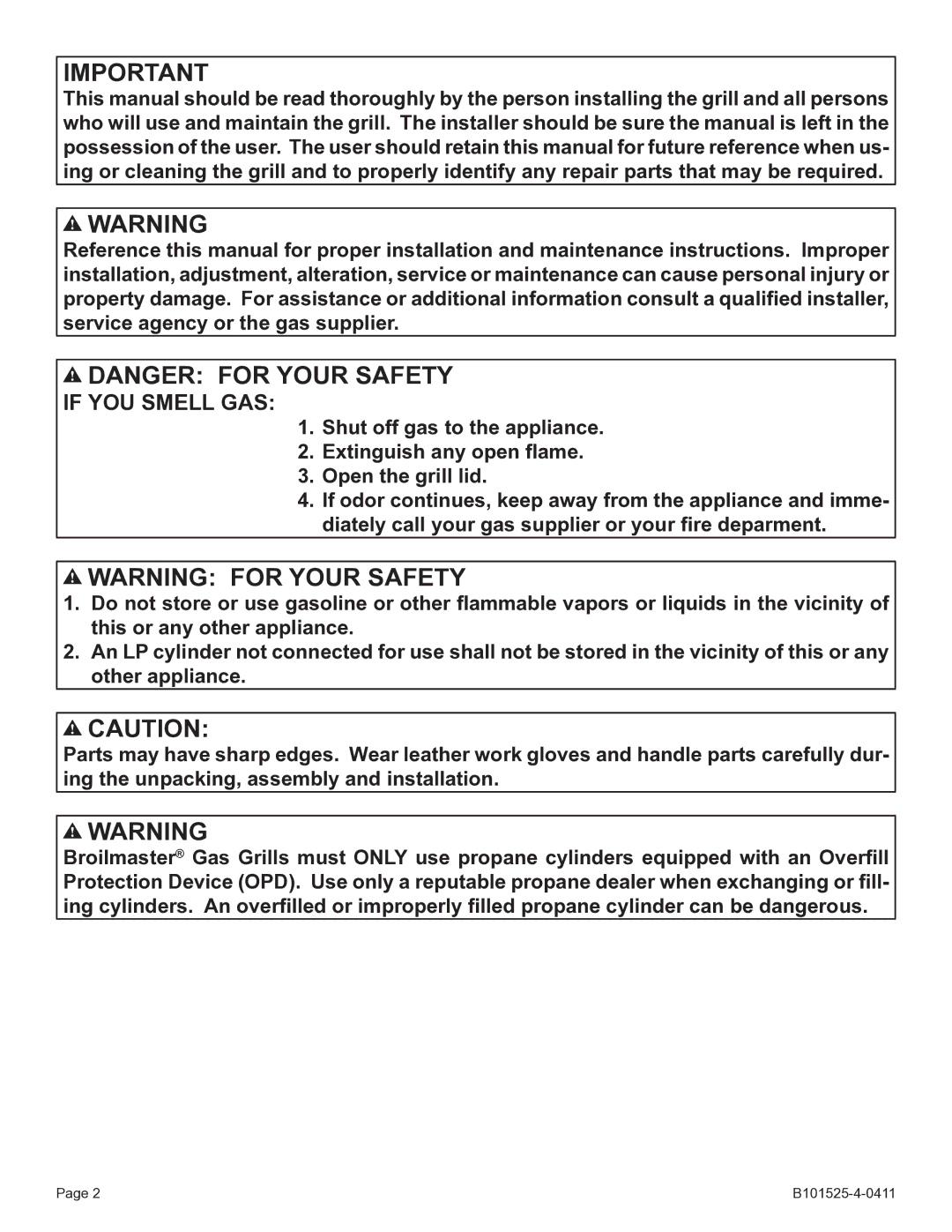 Broilmaster P3SXN-1 manual If YOU Smell GAS 