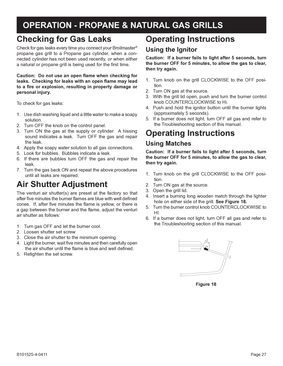 Broilmaster P3SXN-1 manual Operation Propane & Natural GAS Grills, Checking for Gas Leaks, Air Shutter Adjustment 