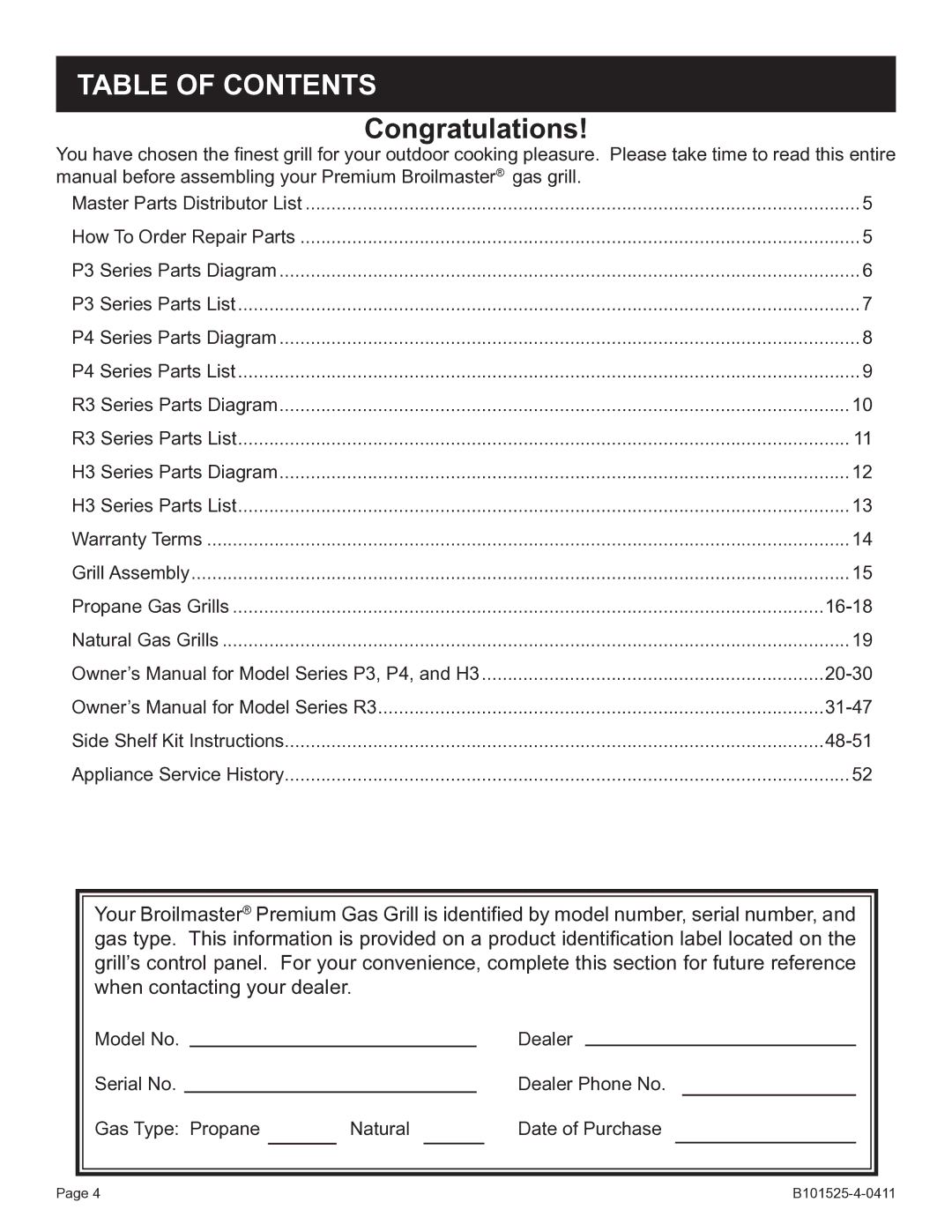 Broilmaster P3SXN-1 manual Table of Contents 