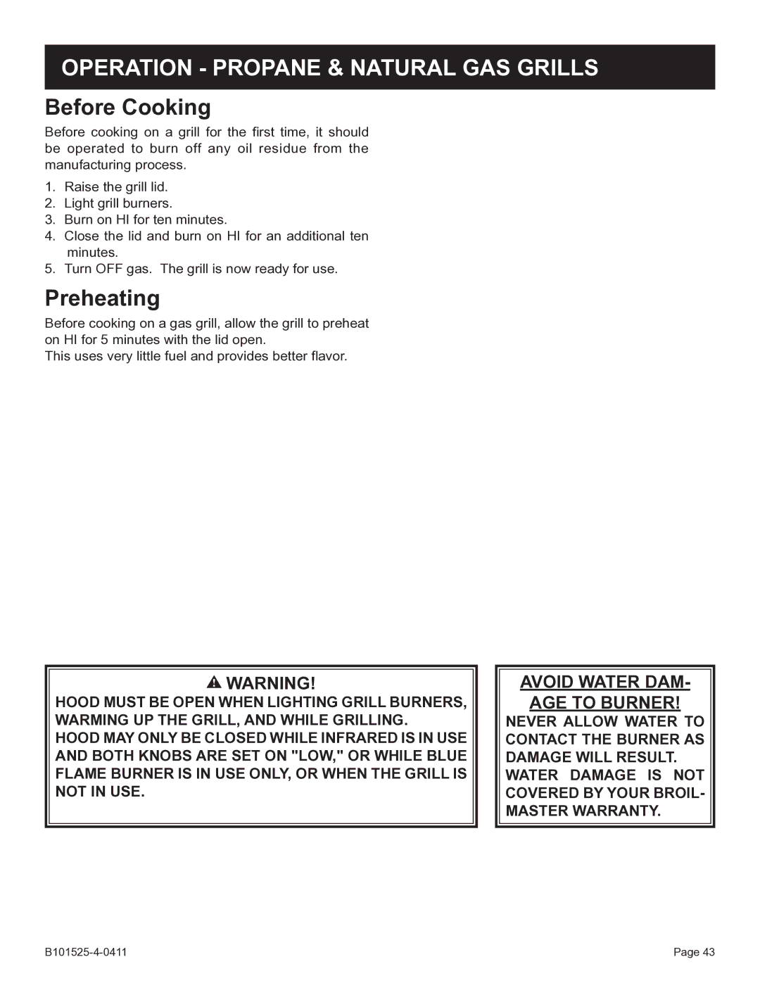 Broilmaster P3SXN-1 manual Avoid Water DAM AGE to Burner 