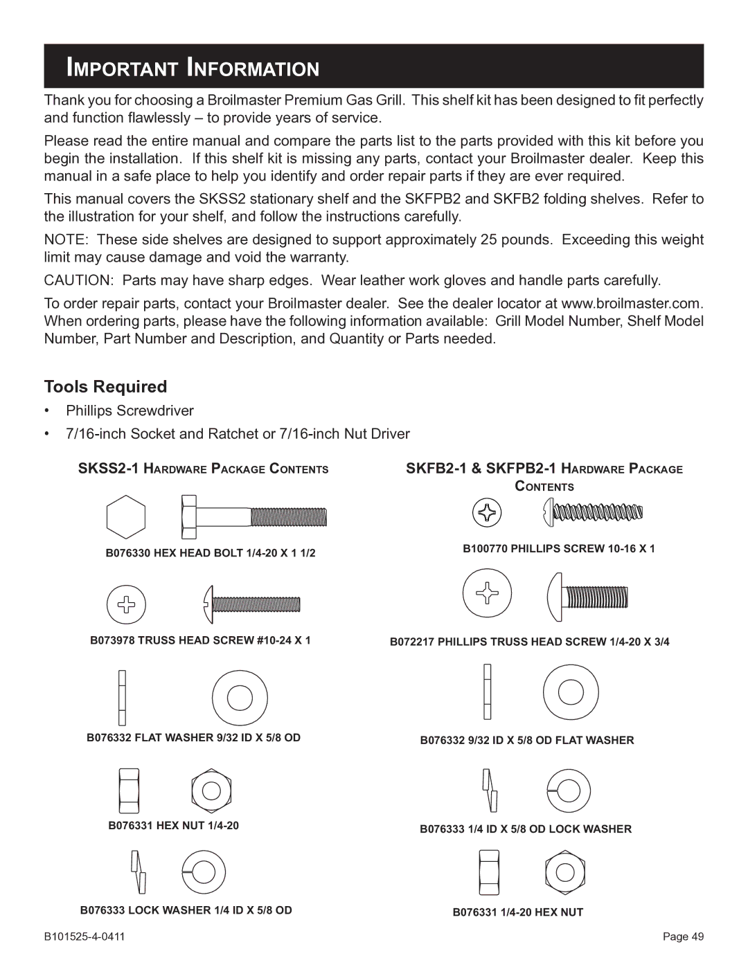 Broilmaster P3SXN-1 manual Important Information, Tools Required 