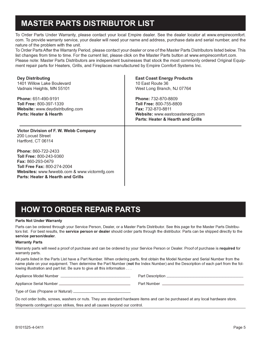 Broilmaster P3SXN-1 manual Master parts distributor list 