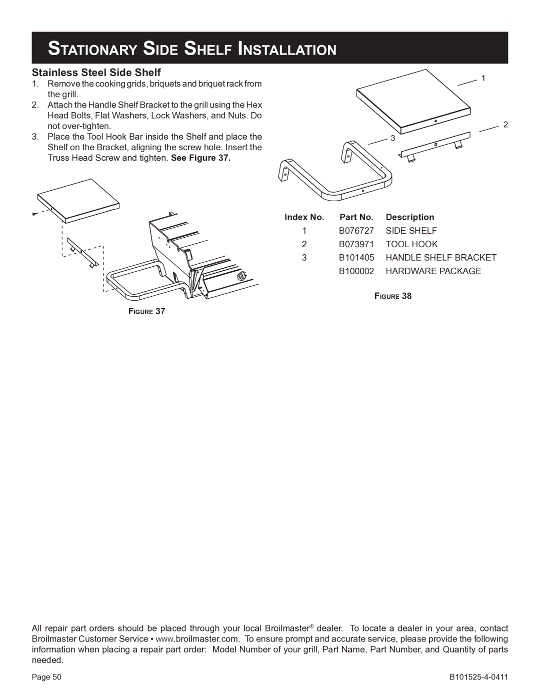 Broilmaster P3SXN-1 manual Stationary Side Shelf Installation, Index No. Part No. Description 