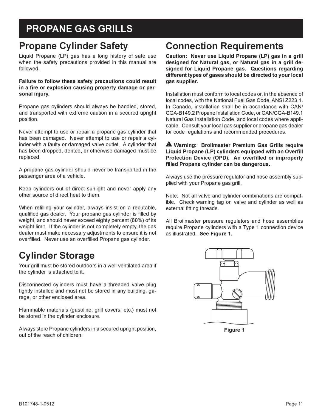 Broilmaster Q3XN-1 owner manual Propane Cylinder Safety, Connection Requirements, Cylinder Storage 