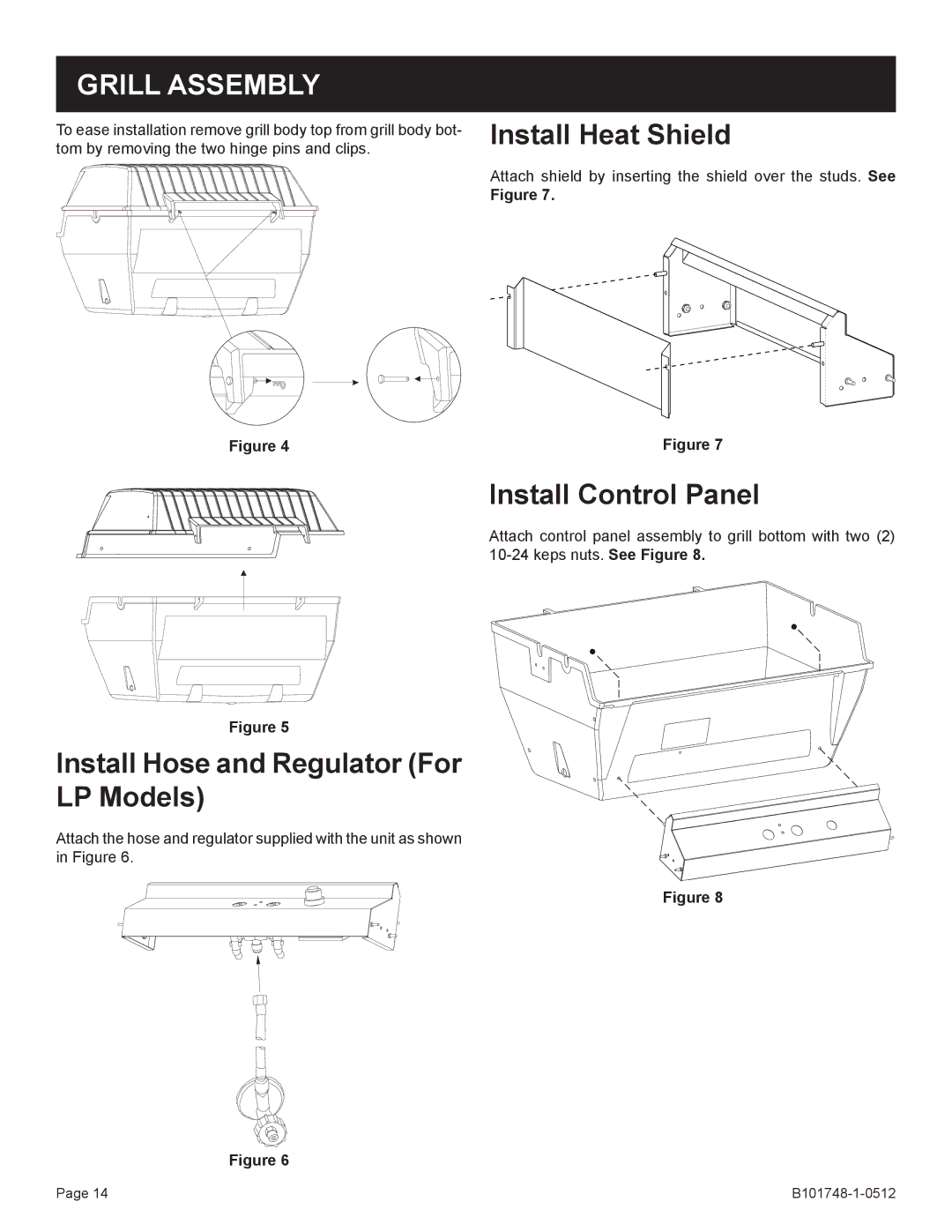 Broilmaster Q3XN-1 owner manual Install Hose and Regulator For LP Models, Install Heat Shield, Install Control Panel 