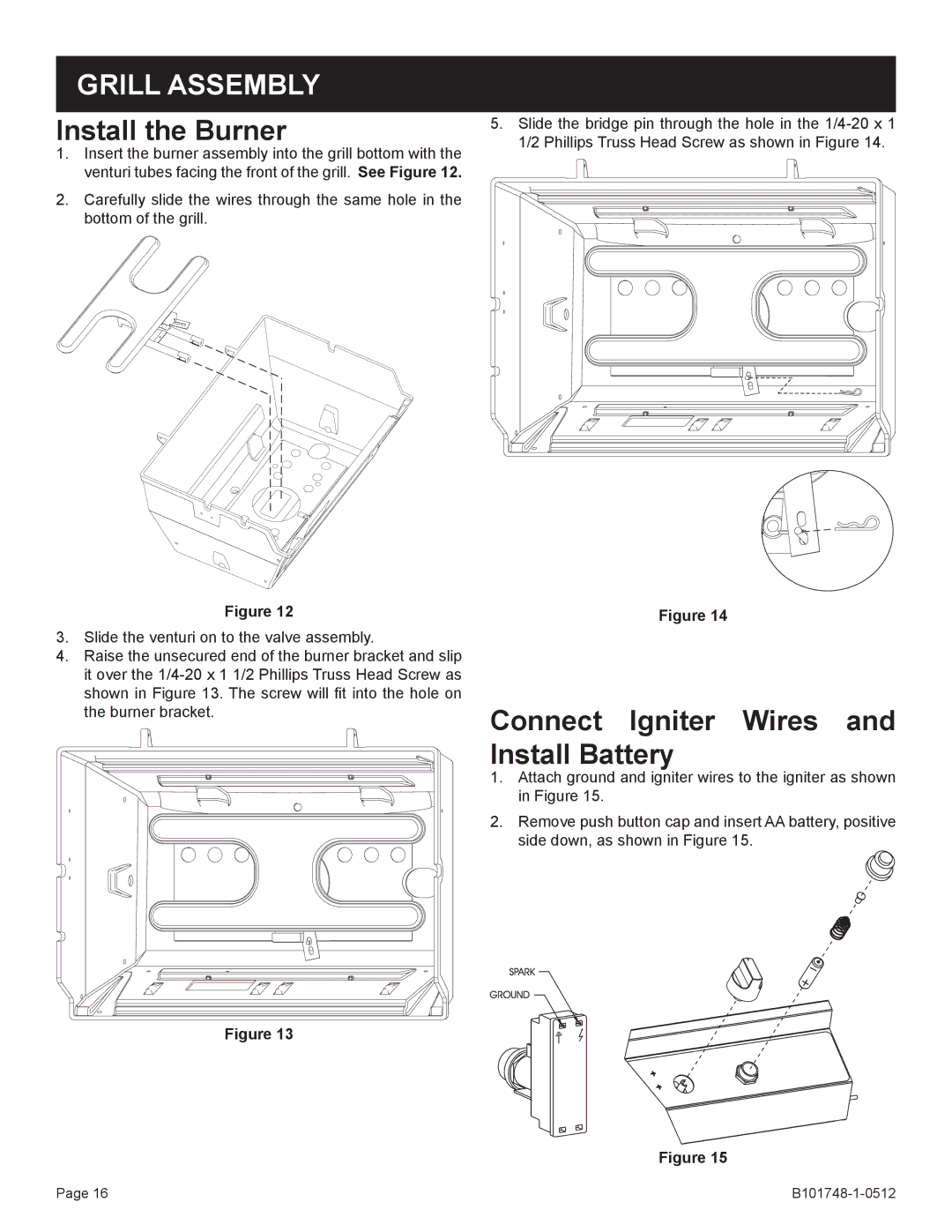 Broilmaster Q3XN-1 owner manual Install the Burner, Connect Igniter Wires and Install Battery 