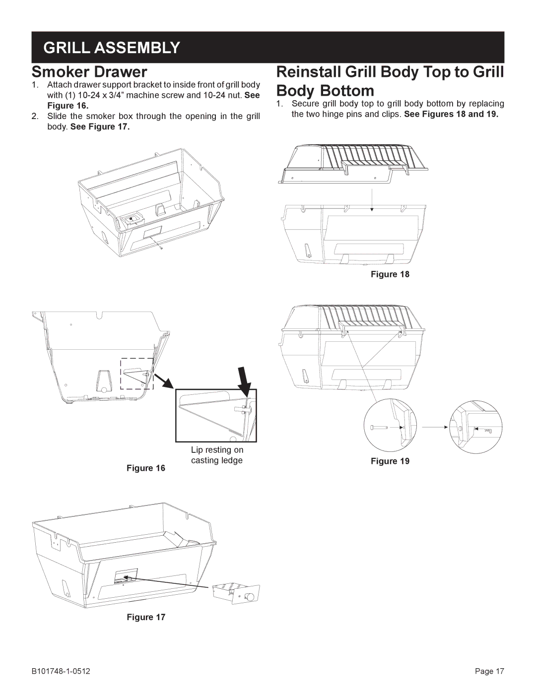 Broilmaster Q3XN-1 owner manual Smoker Drawer, Reinstall Grill Body Top to Grill Body Bottom 