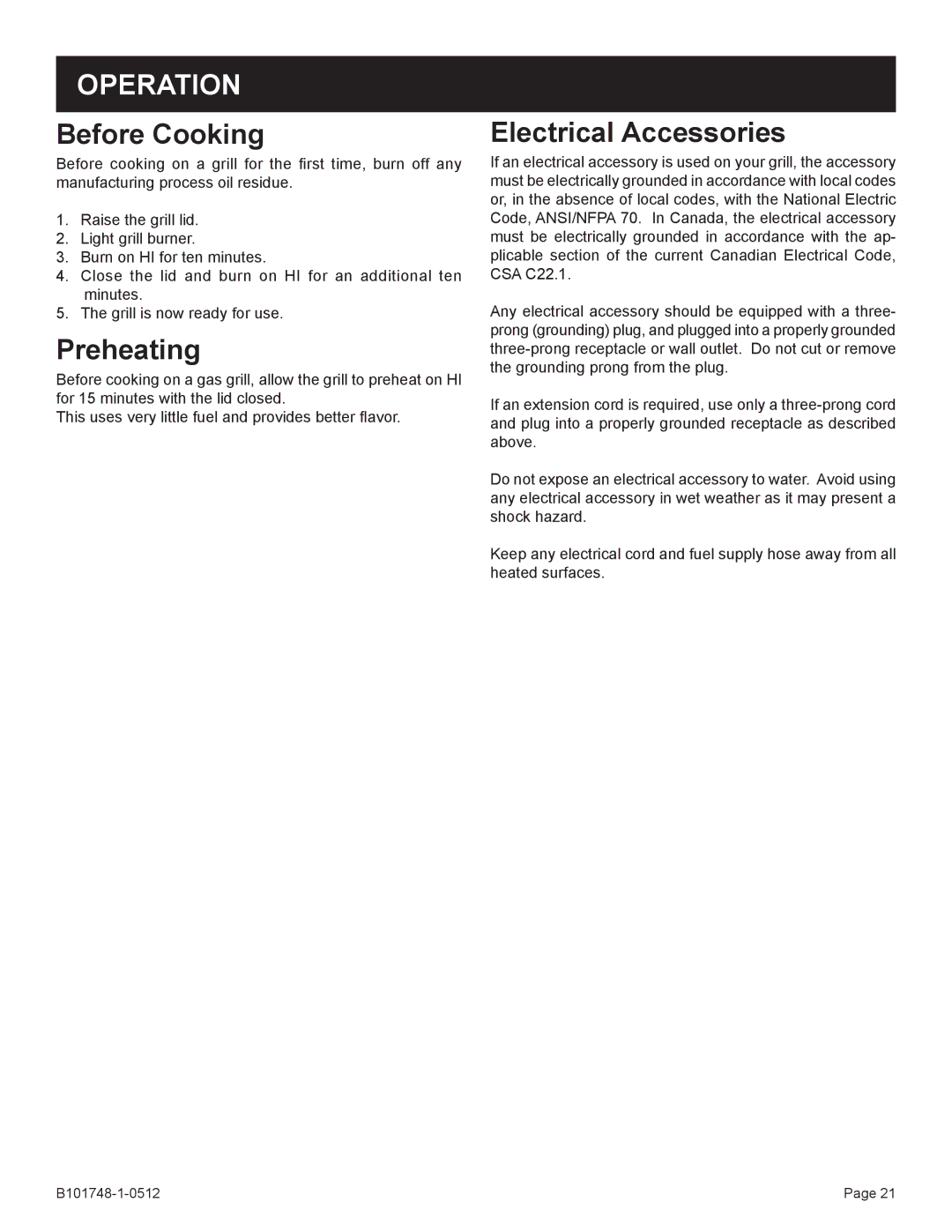 Broilmaster Q3XN-1 owner manual Operation, Before Cooking, Preheating, Electrical Accessories 