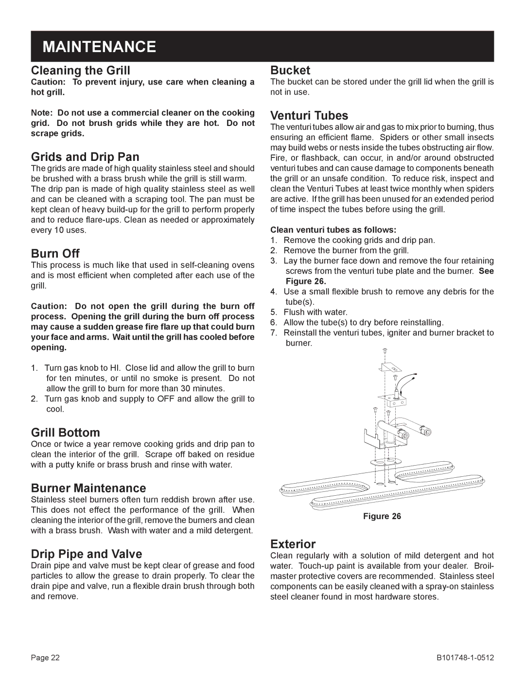 Broilmaster Q3XN-1 owner manual Maintenance, Clean venturi tubes as follows 