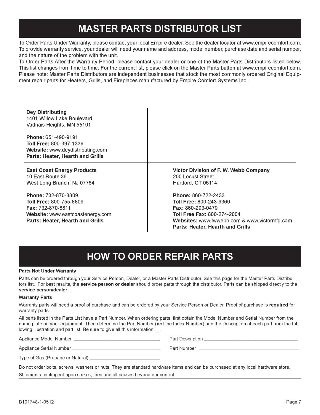 Broilmaster Q3XN-1 owner manual Master Parts Distributor List, HOW to Order Repair Parts 