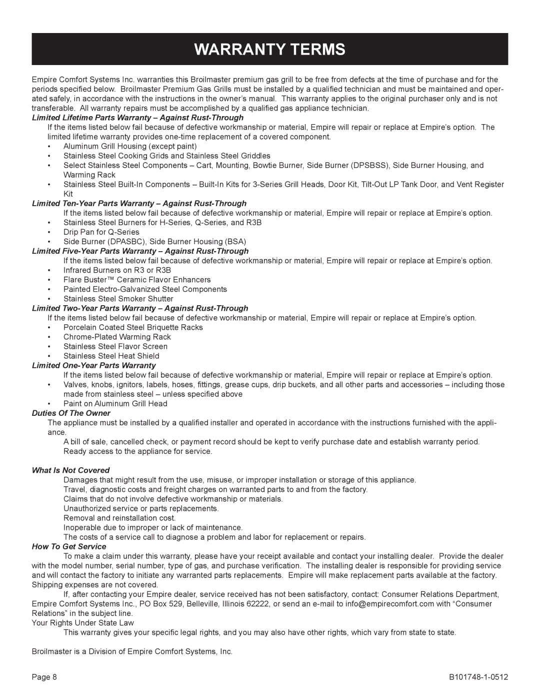 Broilmaster Q3XN-1 owner manual Warranty Terms, Limited Lifetime Parts Warranty Against Rust-Through 