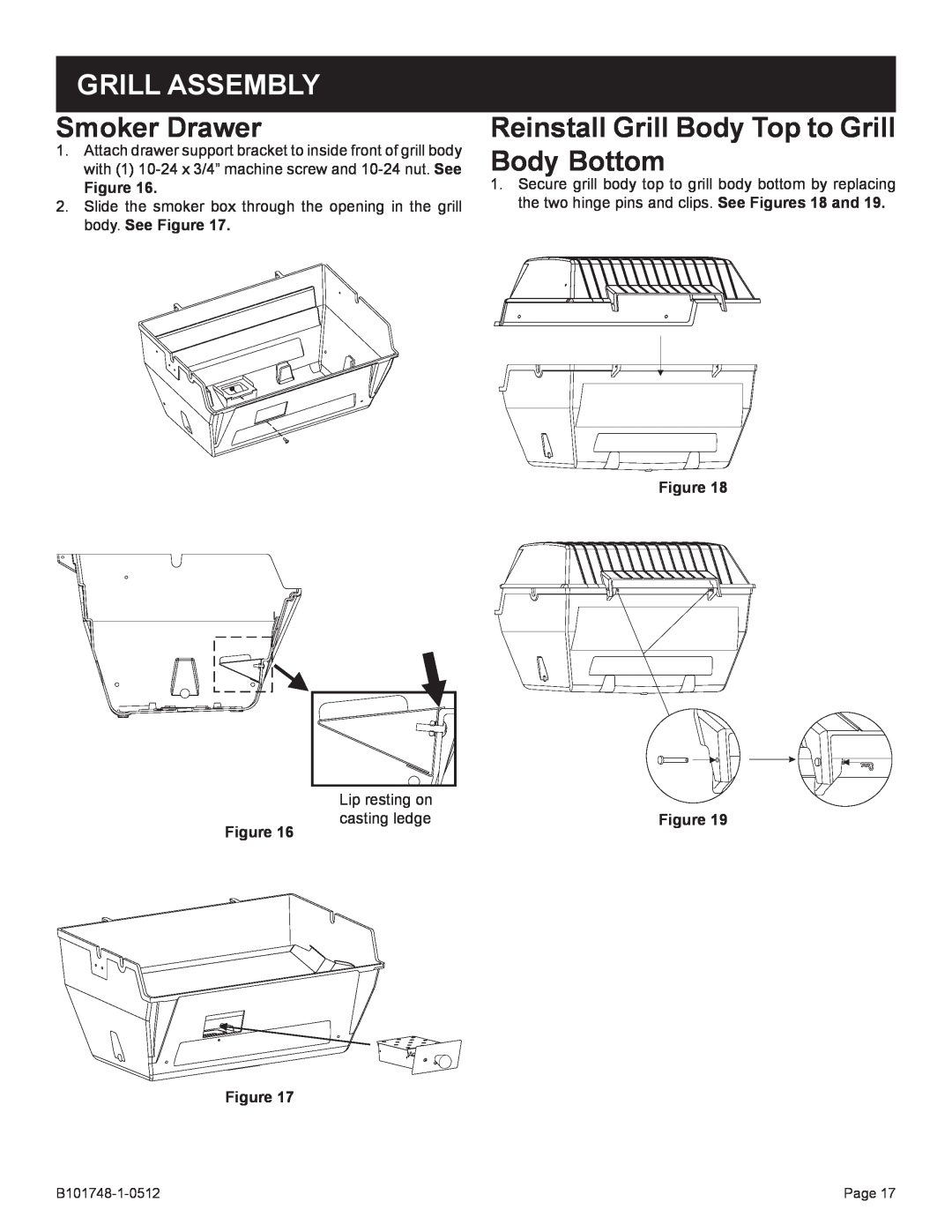 Broilmaster Q3XN-1 owner manual Smoker Drawer, Reinstall Grill Body Top to Grill Body Bottom, Grill Assembly 