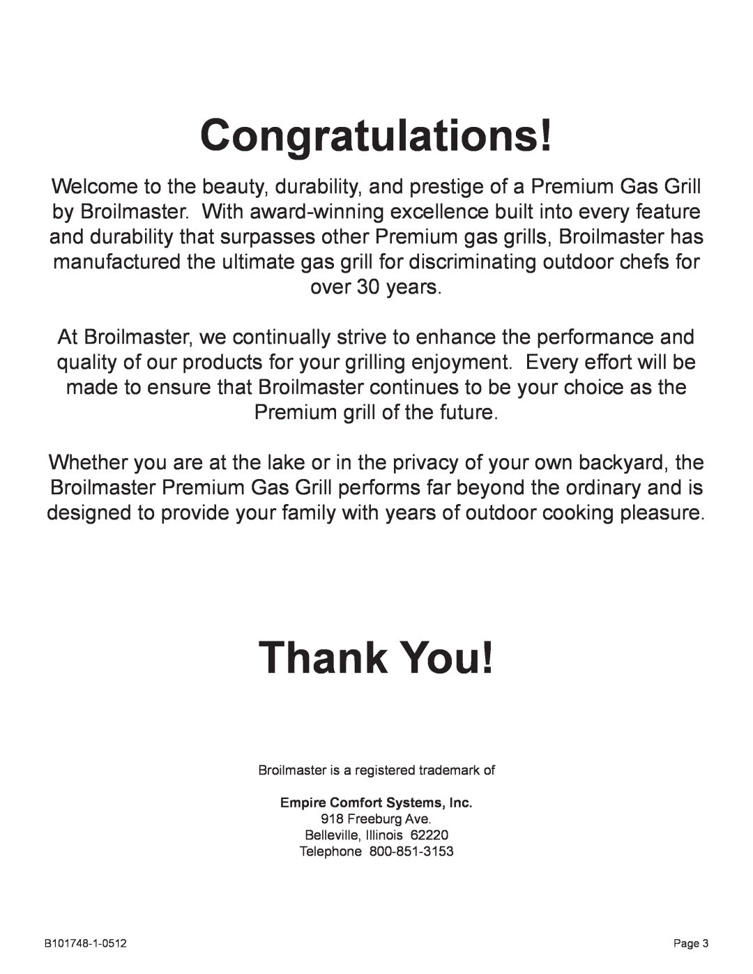 Broilmaster Q3XN-1 owner manual Congratulations, Thank You, Empire Comfort Systems, Inc 
