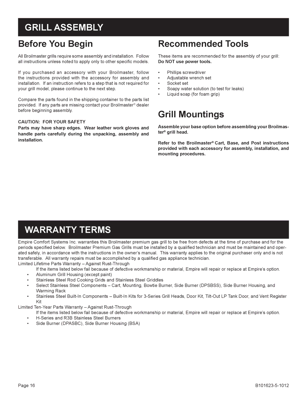 Broilmaster R3-1, P4XFN-1 manual Grill Assembly, Before You Begin, Recommended Tools, Grill Mountings, Warranty Terms 