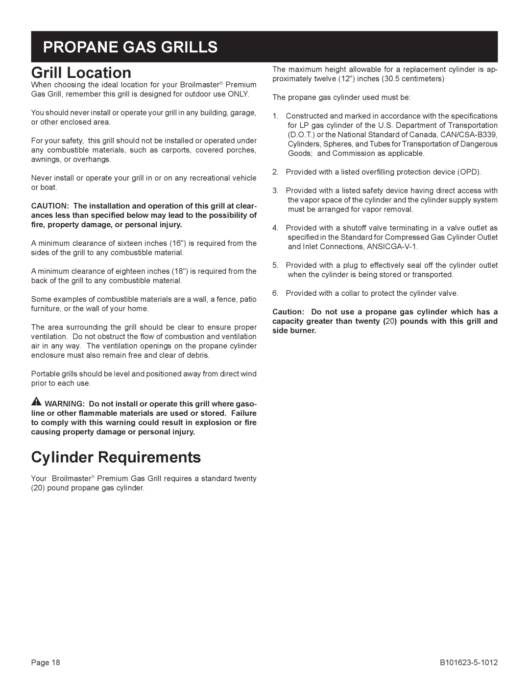 Broilmaster R3-1, P4XFN-1 manual Propane GAS Grills, Grill Location, Cylinder Requirements 