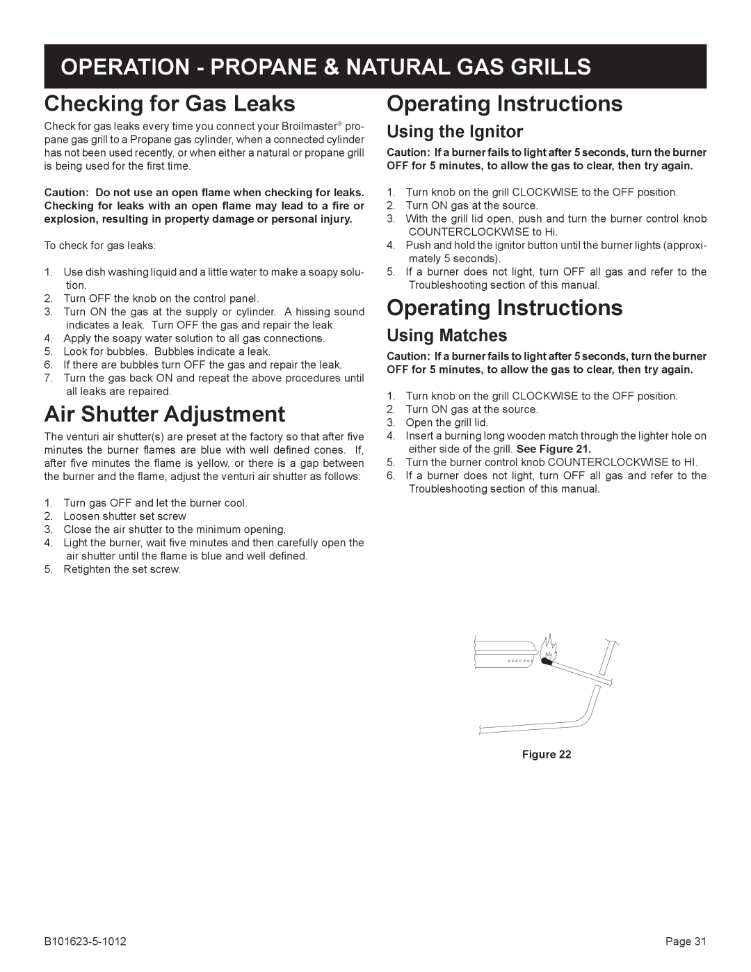 Broilmaster P4XFN-1, R3-1 manual Operation Propane & Natural GAS Grills, Checking for Gas Leaks, Air Shutter Adjustment 