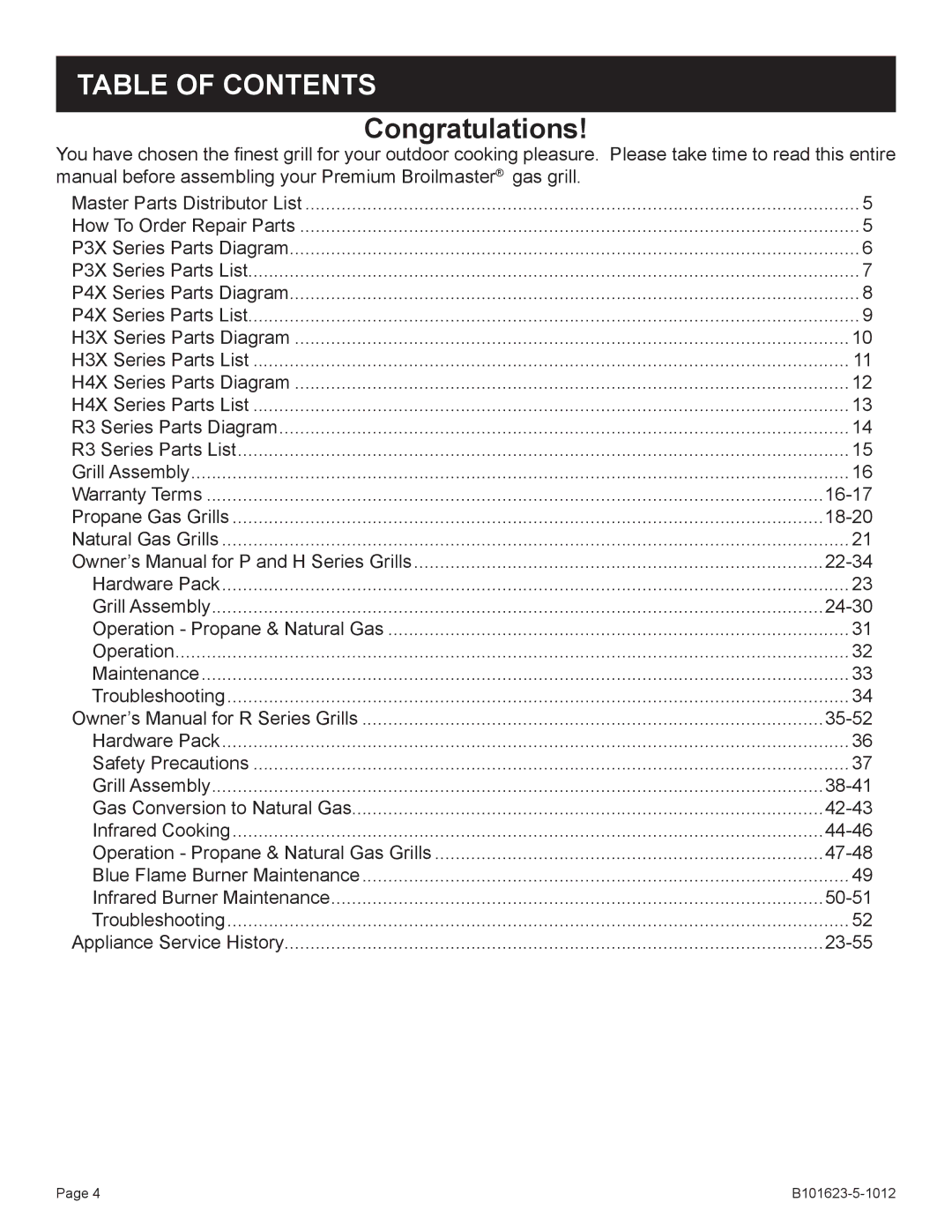 Broilmaster R3-1, P4XFN-1 manual Table of Contents 