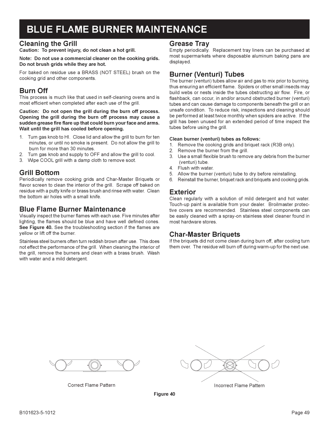 Broilmaster P4XFN-1, R3-1 manual Blue Flame Burner Maintenance, Clean burner venturi tubes as follows 