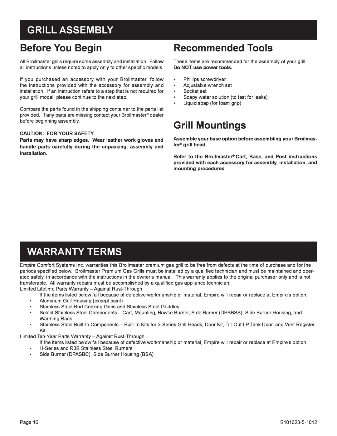Broilmaster R3-1, P4XFN-1 manual Grill Assembly, Before You Begin, Recommended Tools, Grill Mountings, Warranty Terms 