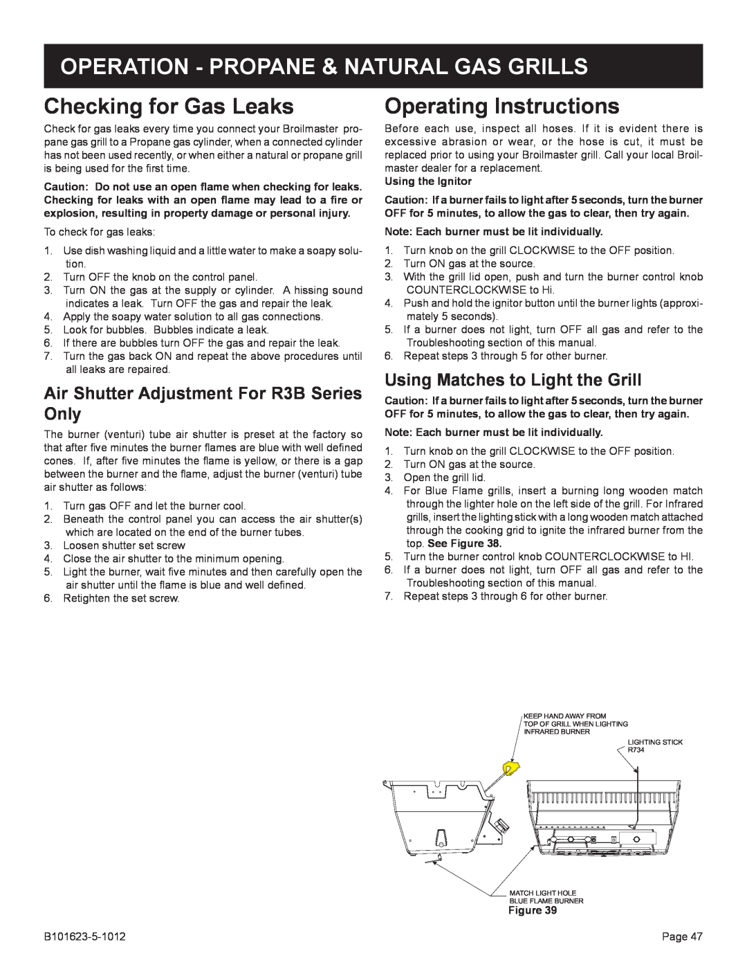 Broilmaster P4XFN-1, R3-1 manual Operation - Propane & Natural Gas Grills, Checking for Gas Leaks, Operating Instructions 